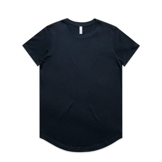 A black t-shirt with a curved hem and a tag in the collar, featuring a branding logo.
