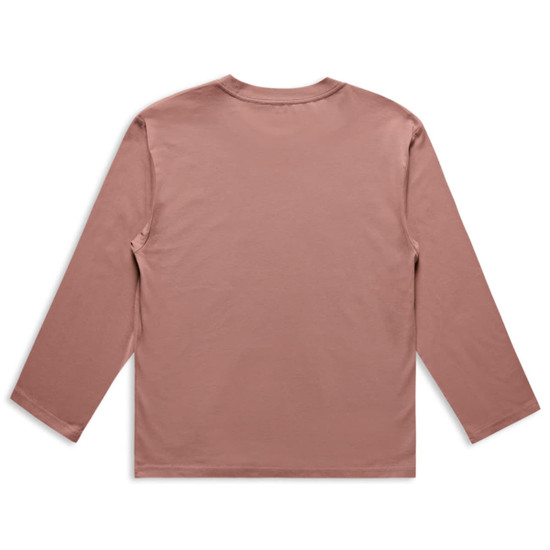 A long-sleeved tee in a muted pink colour, featuring a simple design and a logo on the back.