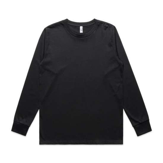 A black long-sleeve T-shirt with a crew neck and a logo on the label.