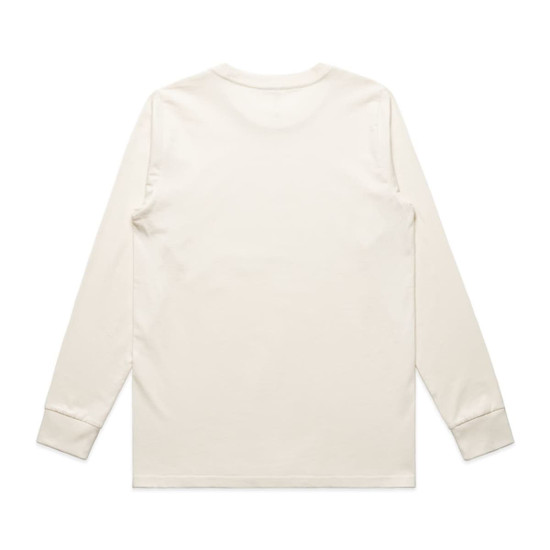 A long-sleeve tee in a light cream colour with a simple design and fitted cuffs. Features a logo on the back.