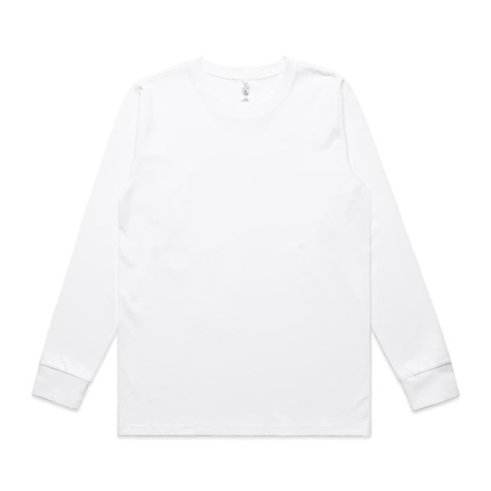 A long-sleeve white T-shirt with a simple design and branding on the tag.