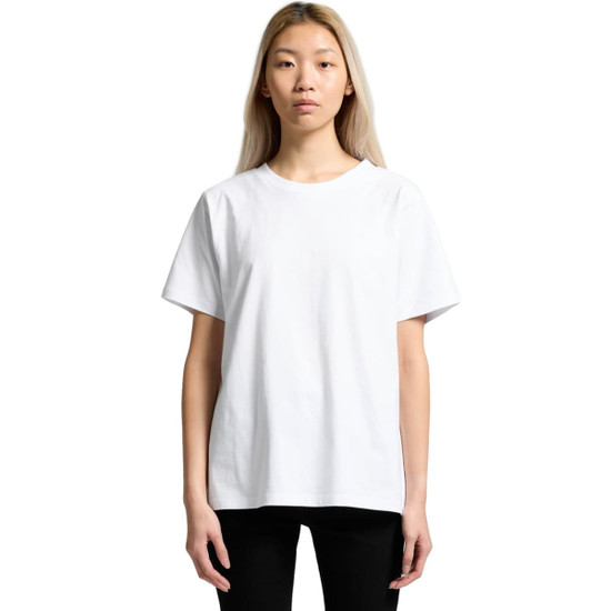 A white t-shirt with a relaxed fit, featuring a simple design and a logo on the front.
