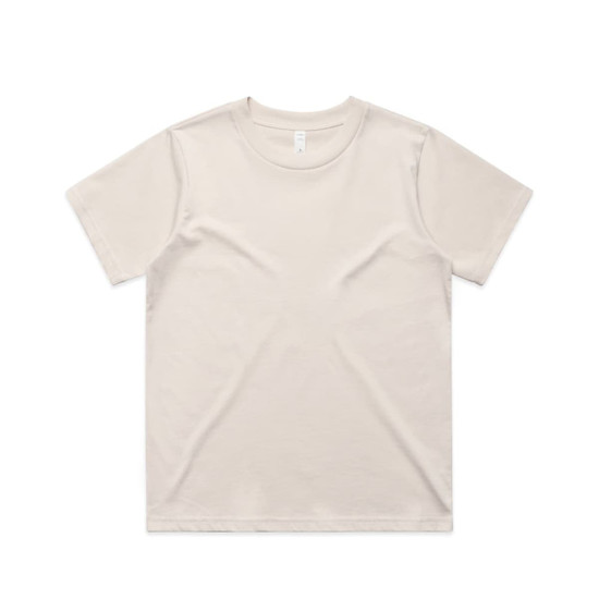 A beige short-sleeved t-shirt with a plain design and a logo. Suitable for casual wear.