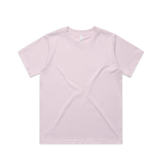 A pale pink t-shirt with a round neckline and short sleeves, featuring a logo on the label.