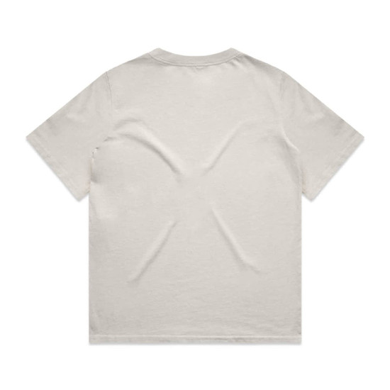 A beige t-shirt with a relaxed fit and a subtle textured appearance on the back. It has a logo.