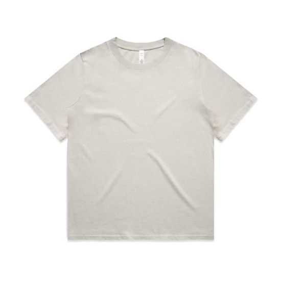 A beige heavy faded t-shirt with a classic crew neckline and short sleeves, featuring a branded label inside.