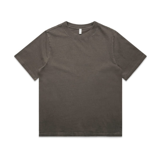 A heavy faded T-shirt in a muted brown colour, featuring short sleeves and a crew neckline. It has a logo tag.