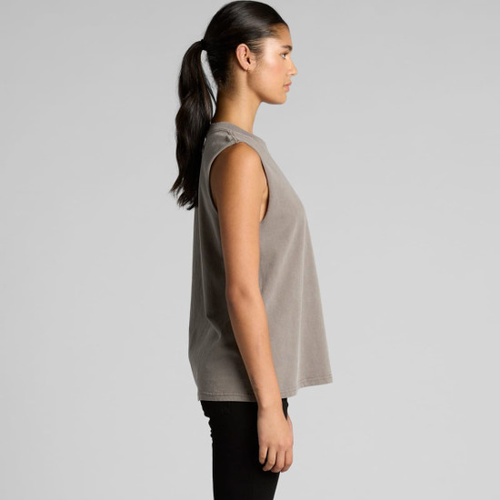 A faded grey tank top with a loose fit and sleeveless design, featuring a subtle logo on the fabric.