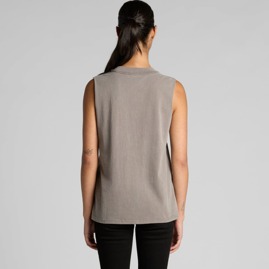 A sleeveless tank top in a faded grey colour, featuring a simple design and rear view. It has a logo on the back.