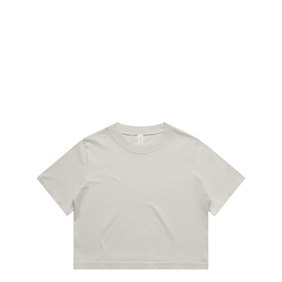 A light beige cropped T-shirt featuring a round neckline and short sleeves, with a logo tag on the inside.