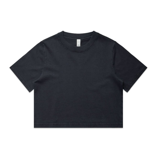 A black heavy faded crop tee with a round neckline and short sleeves, featuring a subtle logo.