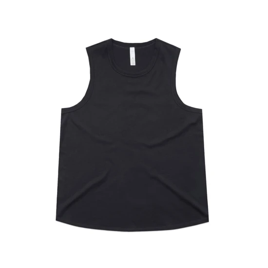 A black singlet tank top with a rounded hem, featuring a label at the neckline and a logo on the side.
