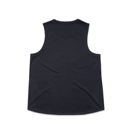 A black singlet tank top with a rounded neckline and sleeveless design. It has a subtle branding label.