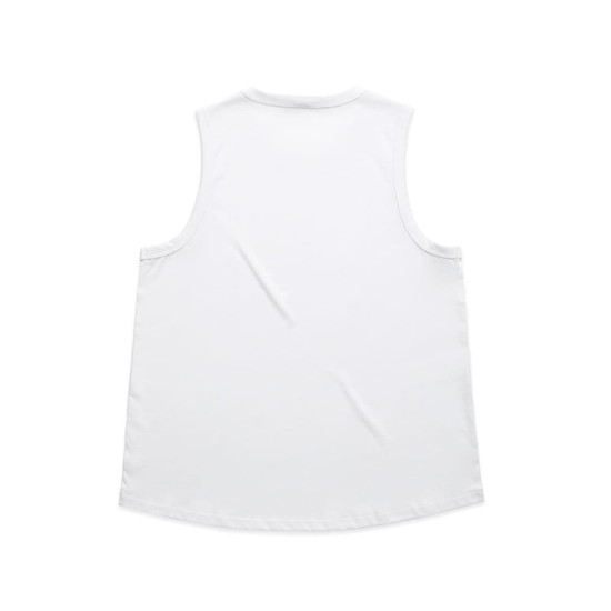 A plain white tank top with a rounded hem and no visible branding. The back view of the singlet is displayed.
