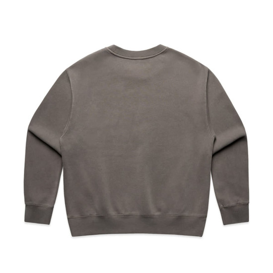 A faded grey crew jumper featuring long sleeves and a round neckline, with a logo on the back.