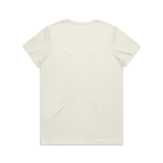 A light-coloured T-shirt featuring a plain back and a small branding logo. 