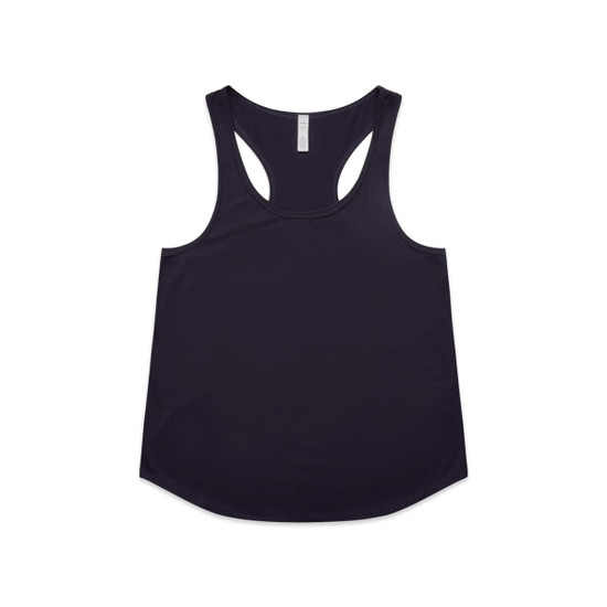 A dark purple racerback tank top featuring a rounded hem and a logo.
