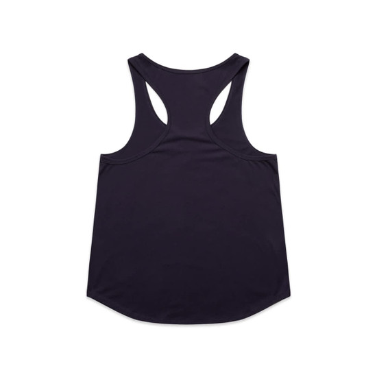 A black racerback tank top with a rounded hem and a logo. The back features a unique cut design.