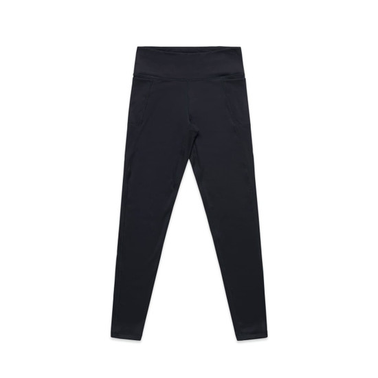 Black active leggings with a high waistband, featuring pockets on the front and a logo at the waistband.