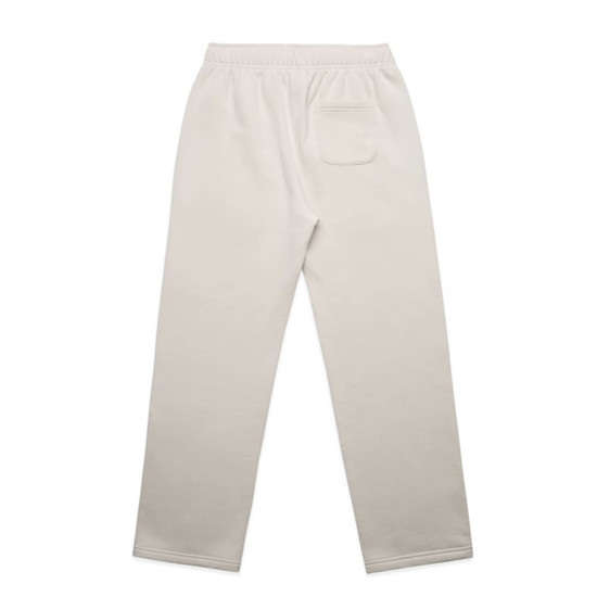 A pair of cream, cuffless track pants featuring an elastic waistband and a single back pocket.