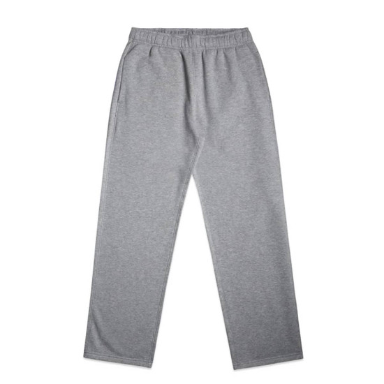 A pair of grey track pants with an elastic waistband and two side pockets, featuring a brand logo.