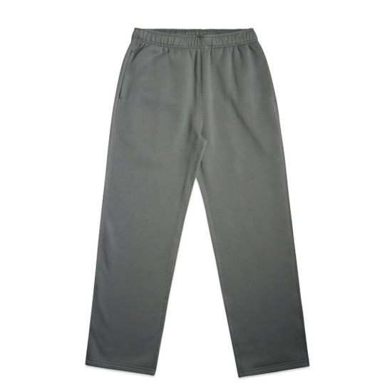 A pair of grey cuffless track pants with an elastic waistband and side pockets. Features a branding logo.