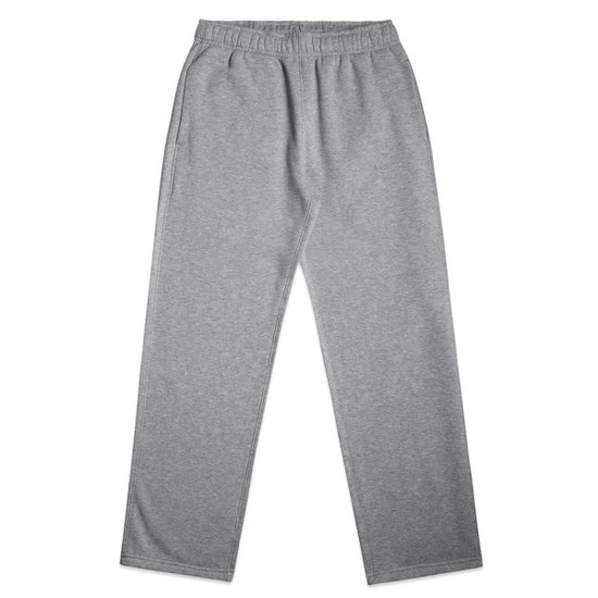 Grey cuffless track pants featuring an elastic waistband and side pockets, with a logo on the fabric.
