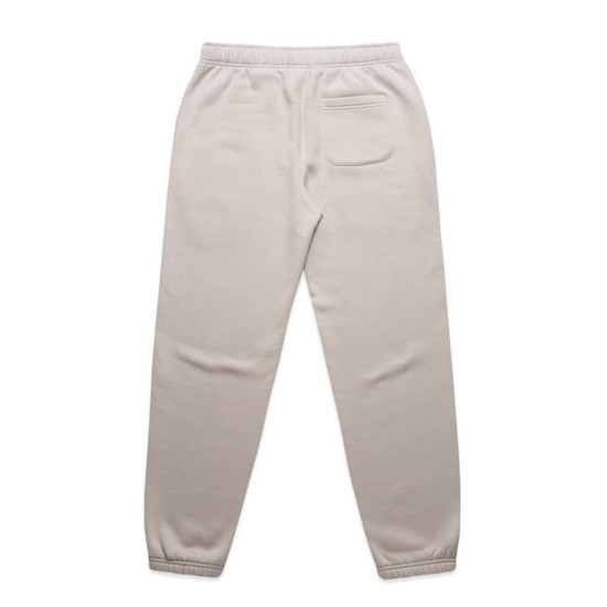 Light beige track pants with an elastic waistband, featuring a single back pocket and ribbed cuffs. Includes branding.