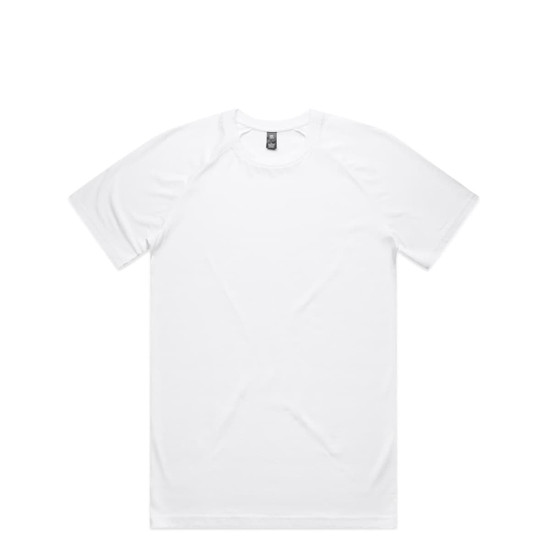 A white staple raglan t-shirt displayed flat, featuring a logo at the neckline.