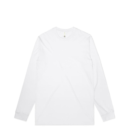 A white long-sleeve tee with a round neckline and a small logo.