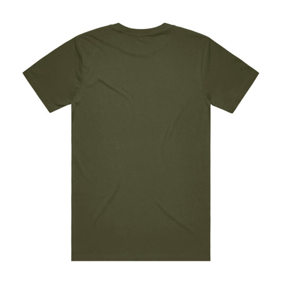 A plain olive green T-shirt with a simple design and no visible branding or logos on the back.