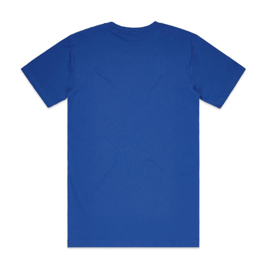 A blue Block Tubular Tee, featuring short sleeves and a plain back design, with a logo displayed.