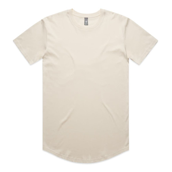 A cream-coloured Staple Curve Tee with a rounded hem and short sleeves. It features a logo on the label.