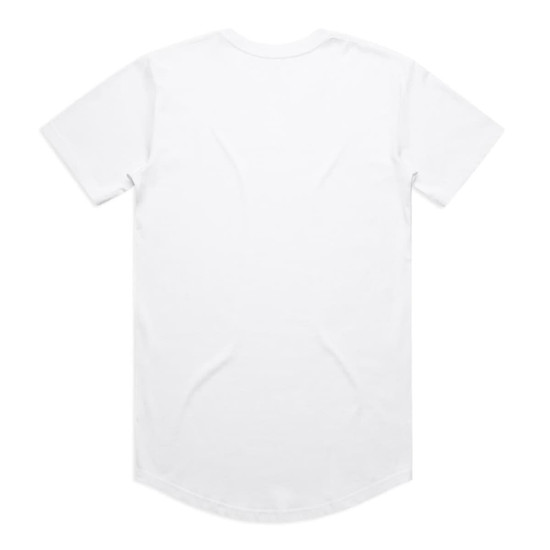 A plain white t-shirt with a rounded hem, featuring a branding logo on the back.