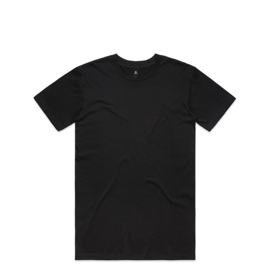 A black t-shirt with a round neck and short sleeves, featuring a logo on the interior label.