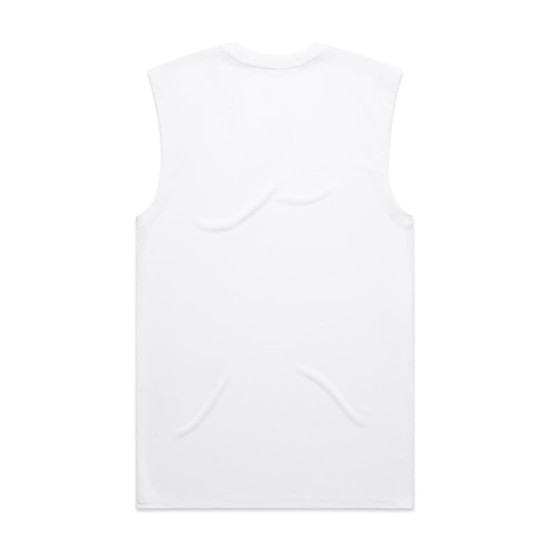 A plain white tank top with a sleeveless design and a logo on the back.