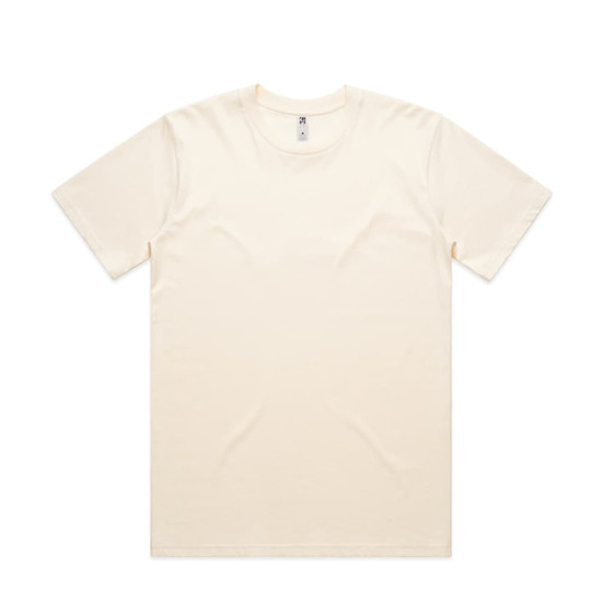 A plain cream-coloured t-shirt with short sleeves and a round neckline. It features a logo on the inside label.