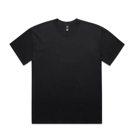 A black t-shirt with a relaxed fit and a round neckline, featuring a logo on the label.
