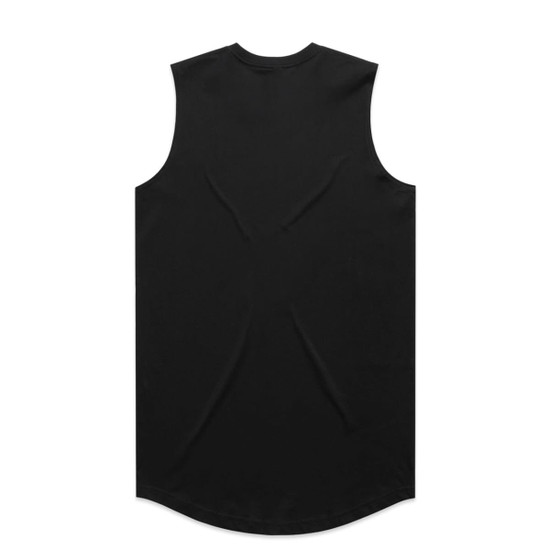 A black sleeveless tank top with a curved hem and a logo on the back.