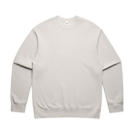 A light grey crew jumper with long sleeves, featuring a simple design and a logo on the tag.