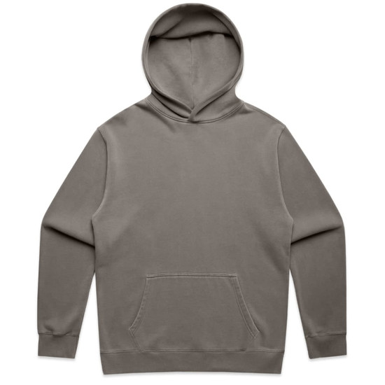 A faded olive green hoodie with a front pocket and a hood. The garment features a logo.