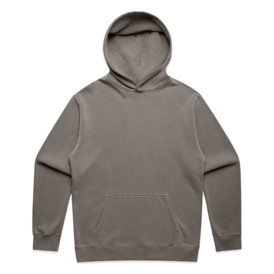 A faded green hoodie with a front pocket and a drawstring hood. It features a logo on the front.