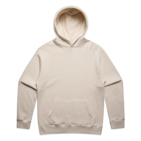 A beige hoodie with a front pocket and a drawstring hood. It features a logo on a sleeve.