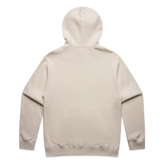 A beige hoodie featuring a hood and long sleeves. It has a plain back design and includes a logo.