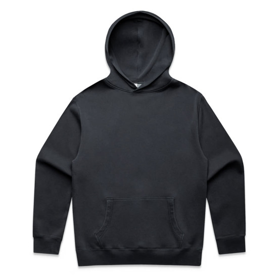 A black hoodie featuring a front pouch pocket and a hood. It has a simple design and includes a logo.
