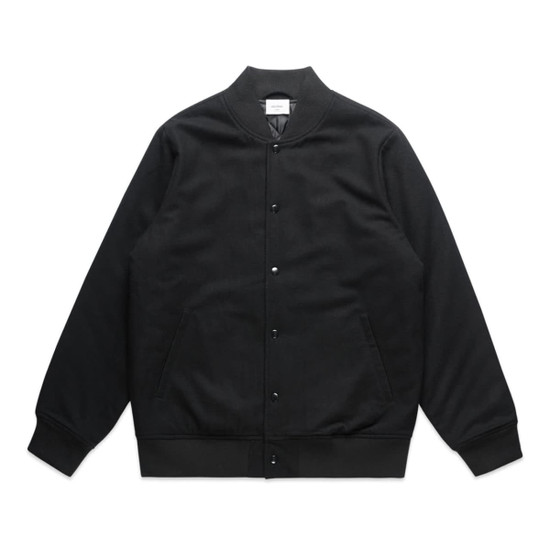 A black felt bomber jacket with a button-up front and side pockets. Includes a logo on the interior tag.
