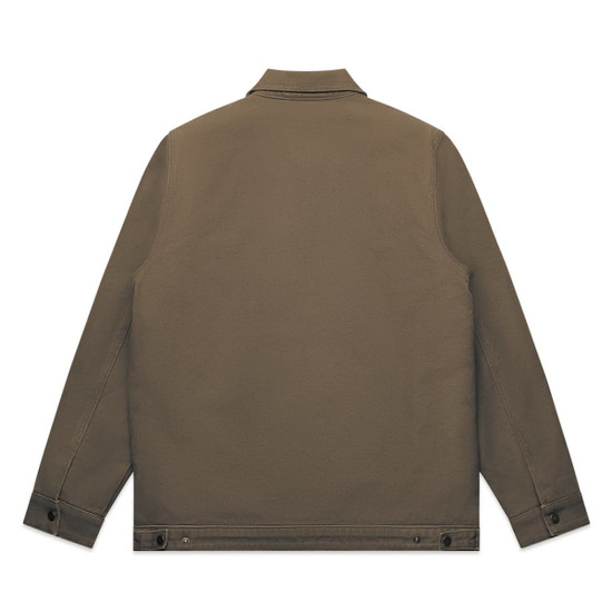A brown canvas heavy jacket with a collared neckline and button details at the cuffs. It features a logo.