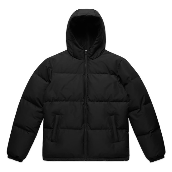 A black hooded puffer jacket with a zip front and two side pockets, featuring a logo on the exterior.