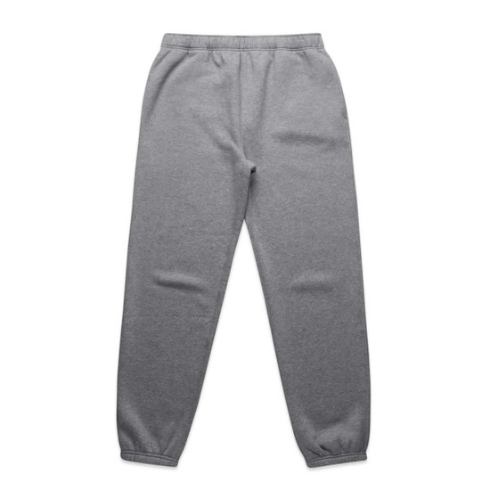 A pair of grey track pants with an elastic waistband and fitted cuffs, featuring a logo.