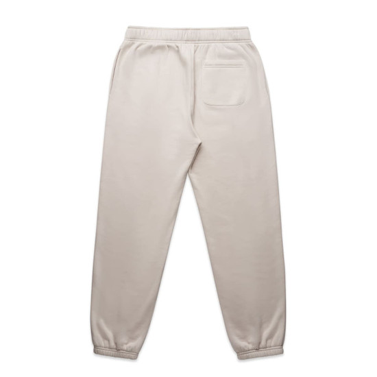 Light beige track pants featuring an elastic waistband and a single back pocket. The design includes a logo.